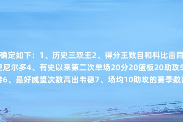 确定如下:1、历史三双王2、得分王数目和科比雷同多3、单场50+次数比奥尼尔多4、有史以来第二次单场20分20篮板20助攻5、生计总得分高出加内特6、最好威望次数高出韦德7、场均10助攻的赛季数高出基德8、季后赛胜场数高出巴克利9、季后赛总得分高出雷吉-米勒10、场均10+篮板的赛季高出姚明 2026买球站体育信息